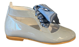 Shawn & Jeffery Ankle Tie Light Grey Patent Leather Girls Dressy Shoes