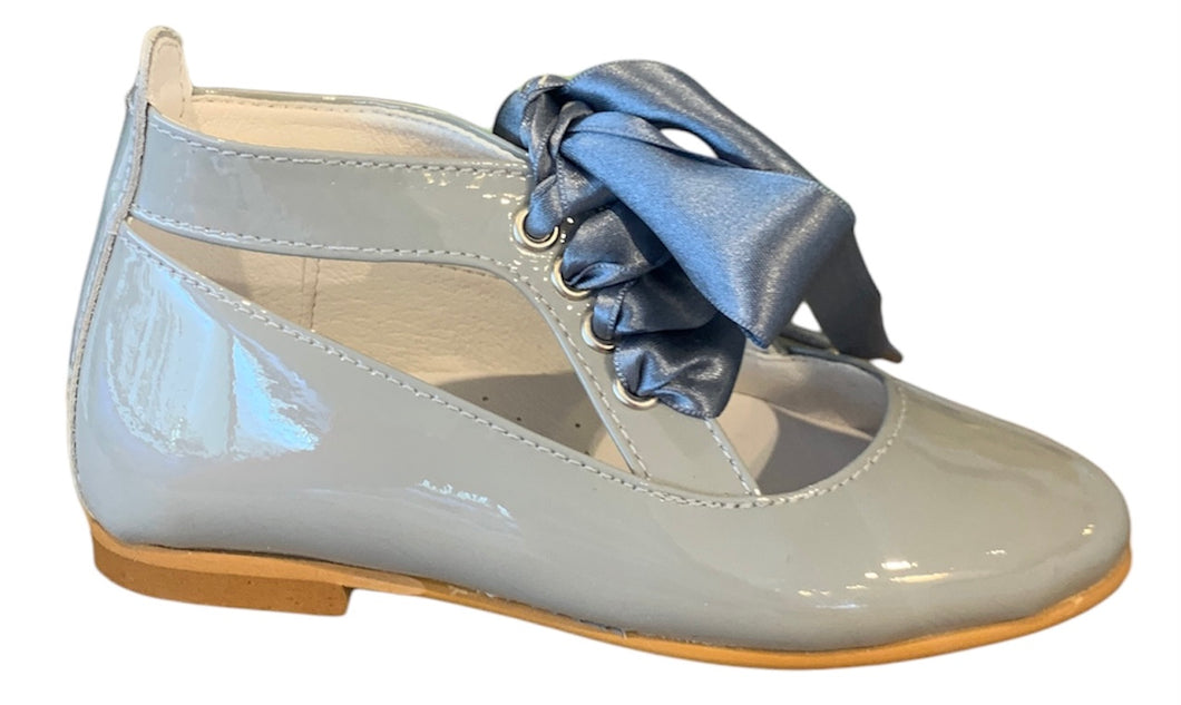 Shawn & Jeffery Ankle Tie Light Grey Patent Leather Girls Dressy Shoes