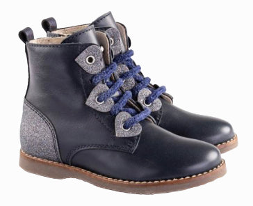 Beberlis Navy Leather Lace-up Glitter Booties