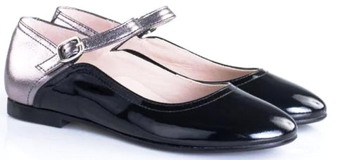 Beberlis Girls Black Patent Silver Back Mary Jane Shoes