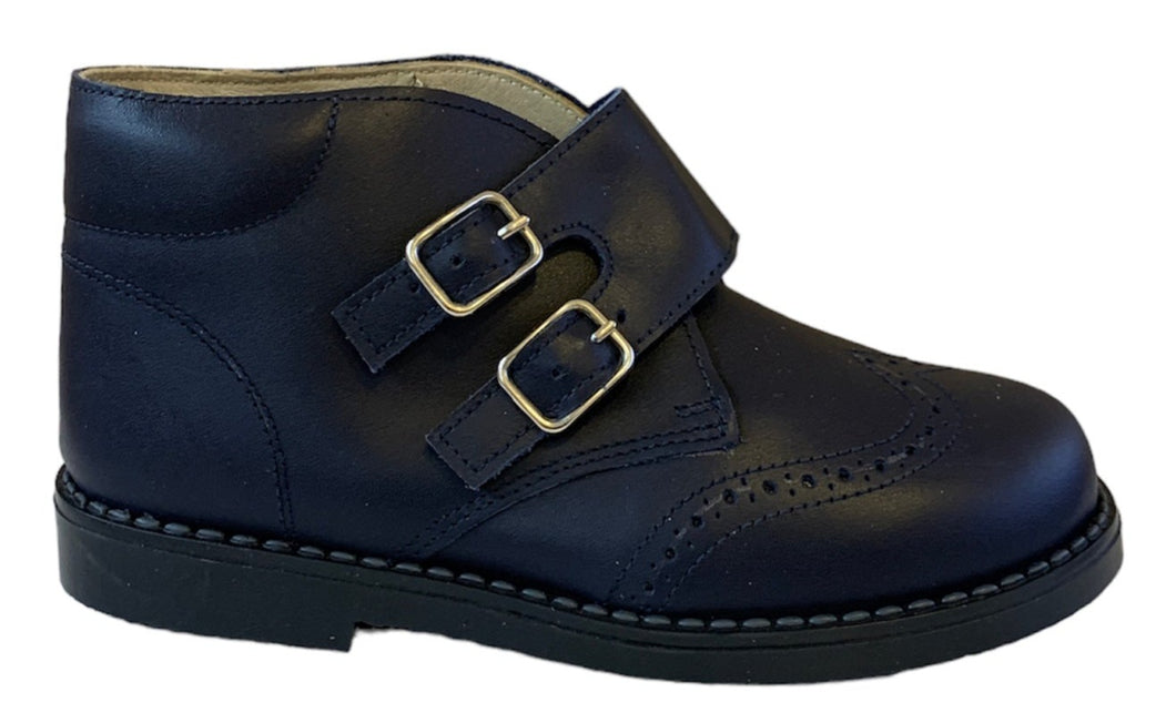 Shawn & Jeffery Navy Leather Double Buckle Booties