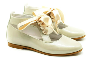 Shawn & Jeffery Ankle Tie Marfil Cream Patent Leather Girls Dressy Shoes